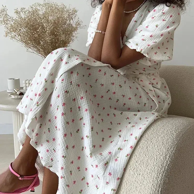 Casual Women's Summer Dresses 100% Cotton Floral Print A-line Midi Dress with Side Slits Long Elegant White Dress