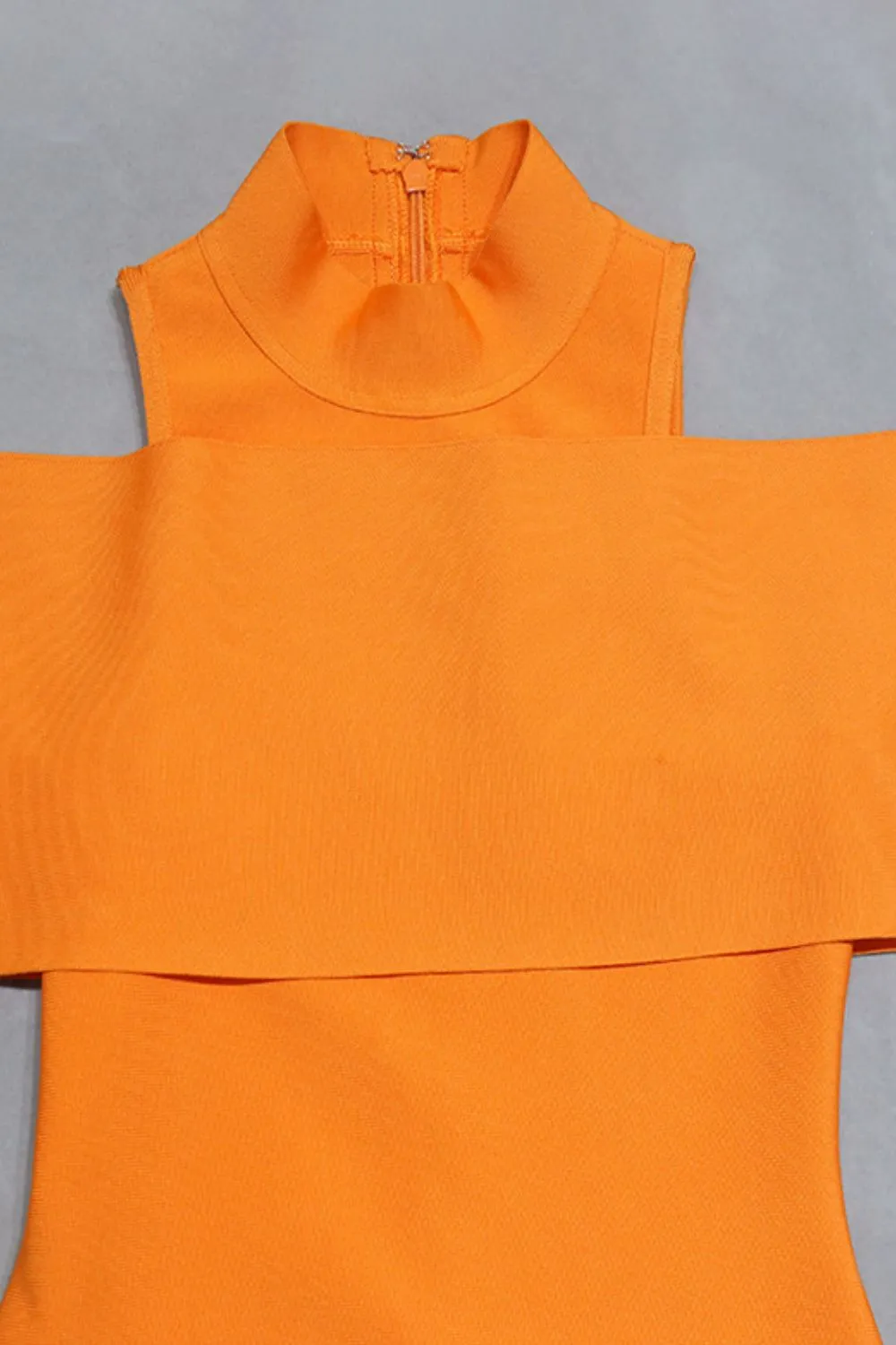 Cold-Shoulder Mock Neck Slit Orange Midi Dress