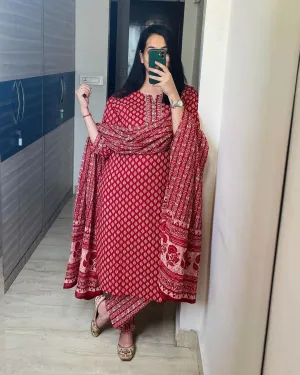 Cotton Kurti with Pant and Dupatta Set
