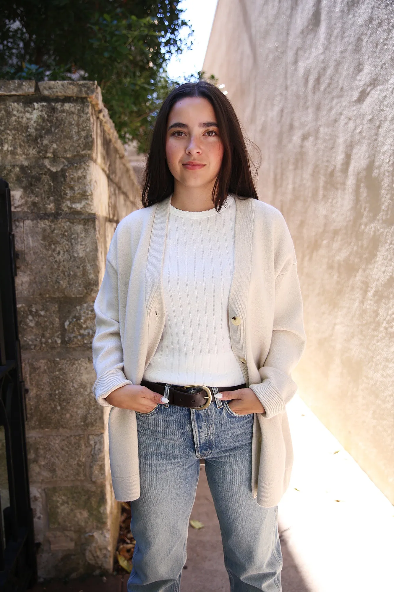 Double-Knit Wool-Cashmere Oversized Cardigan Heather Ecru