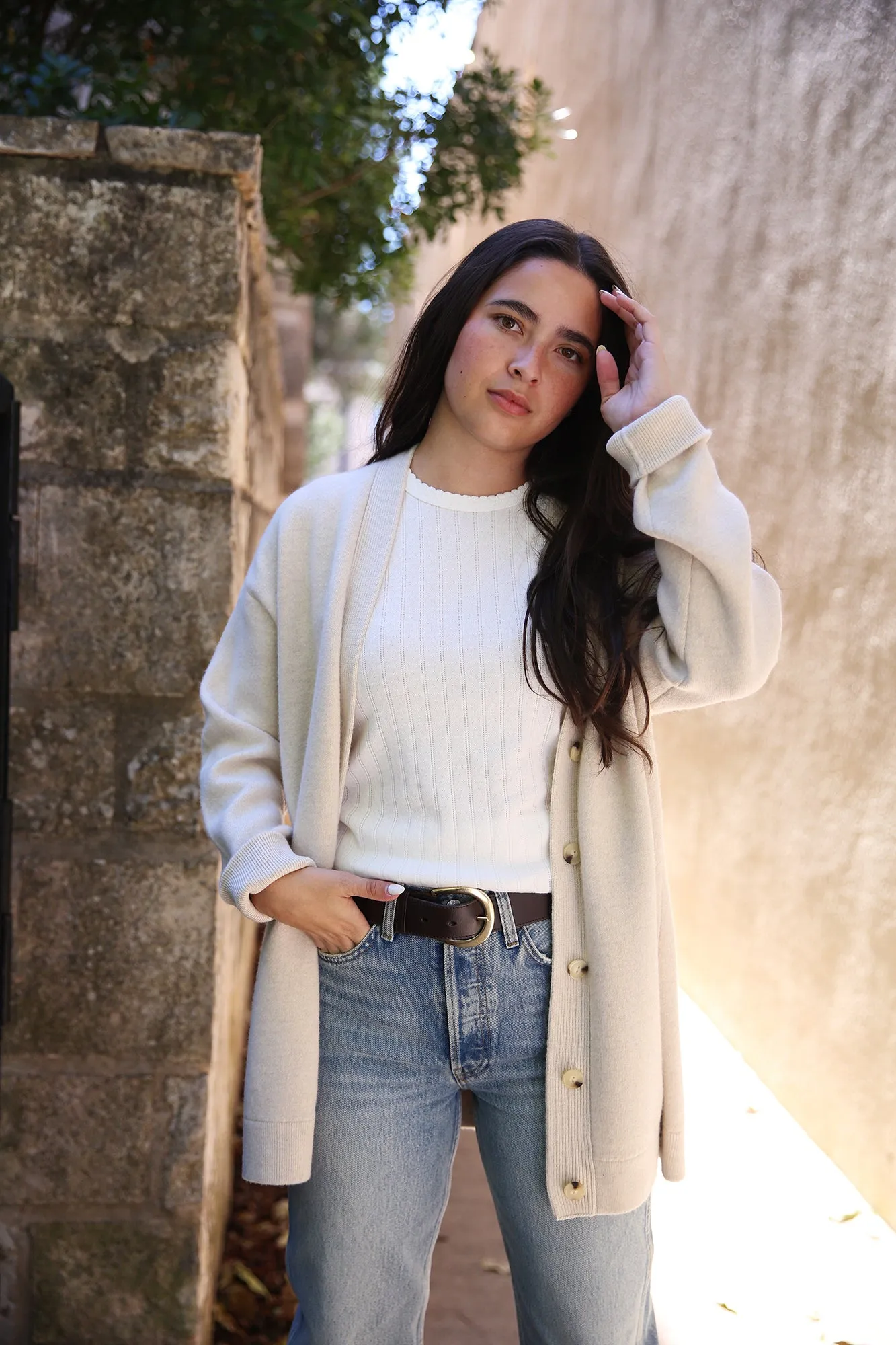 Double-Knit Wool-Cashmere Oversized Cardigan Heather Ecru