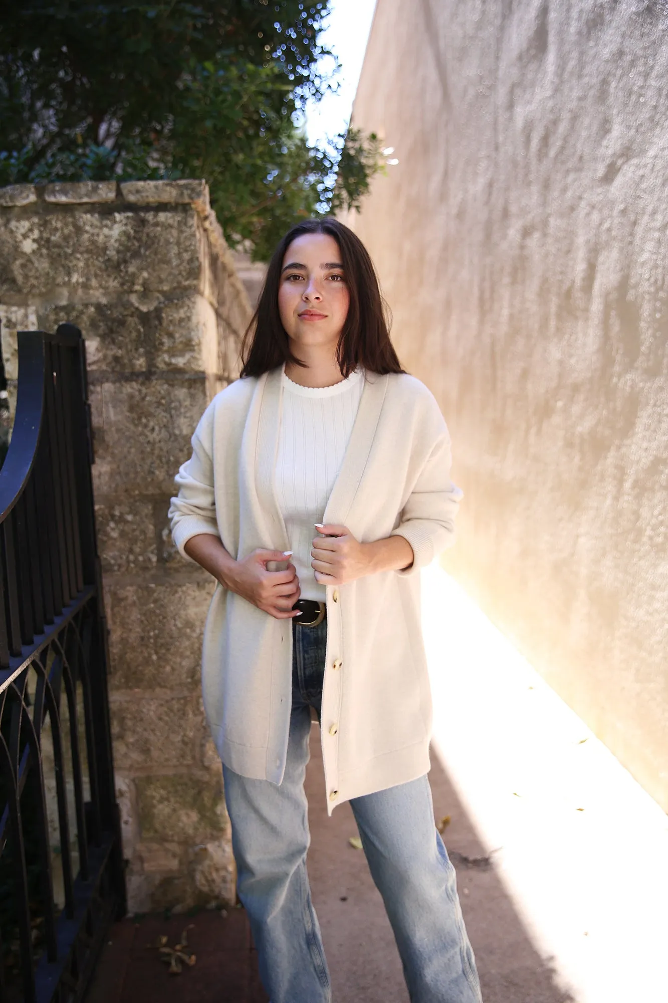 Double-Knit Wool-Cashmere Oversized Cardigan Heather Ecru