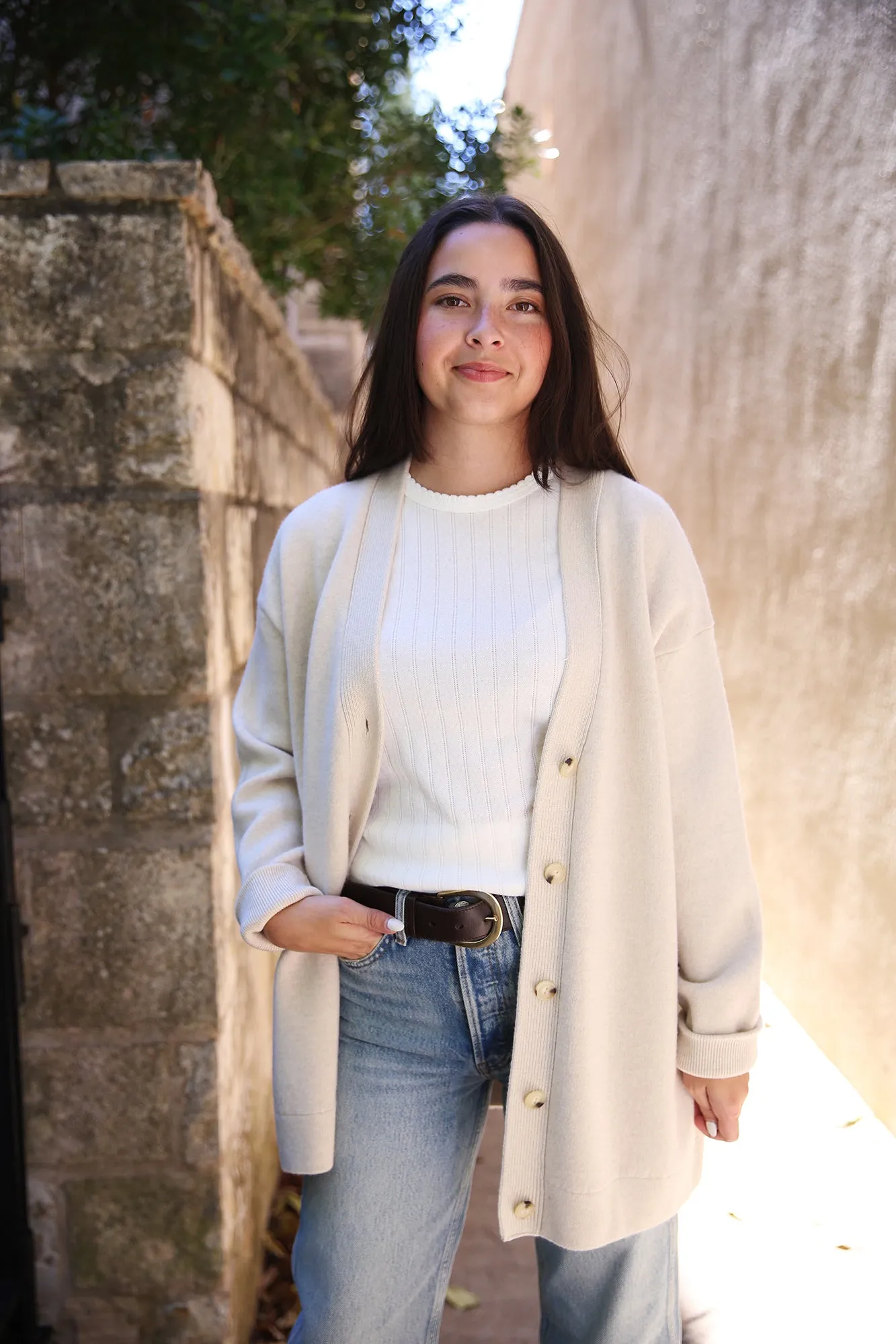Double-Knit Wool-Cashmere Oversized Cardigan Heather Ecru