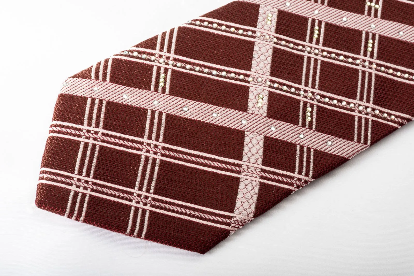 Elle Homme Silk Tie Plaid Stripes On Brown With Rhinestones