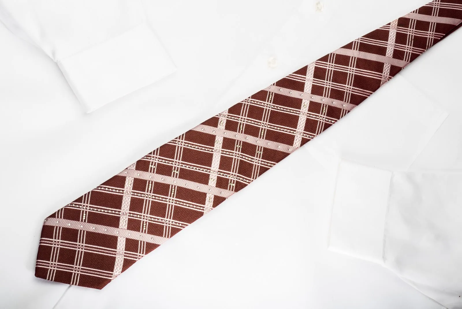 Elle Homme Silk Tie Plaid Stripes On Brown With Rhinestones