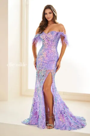 Ellie Wilde EW34034 Long Sheer Sequin Feather off the shoulder slit dress corset gown