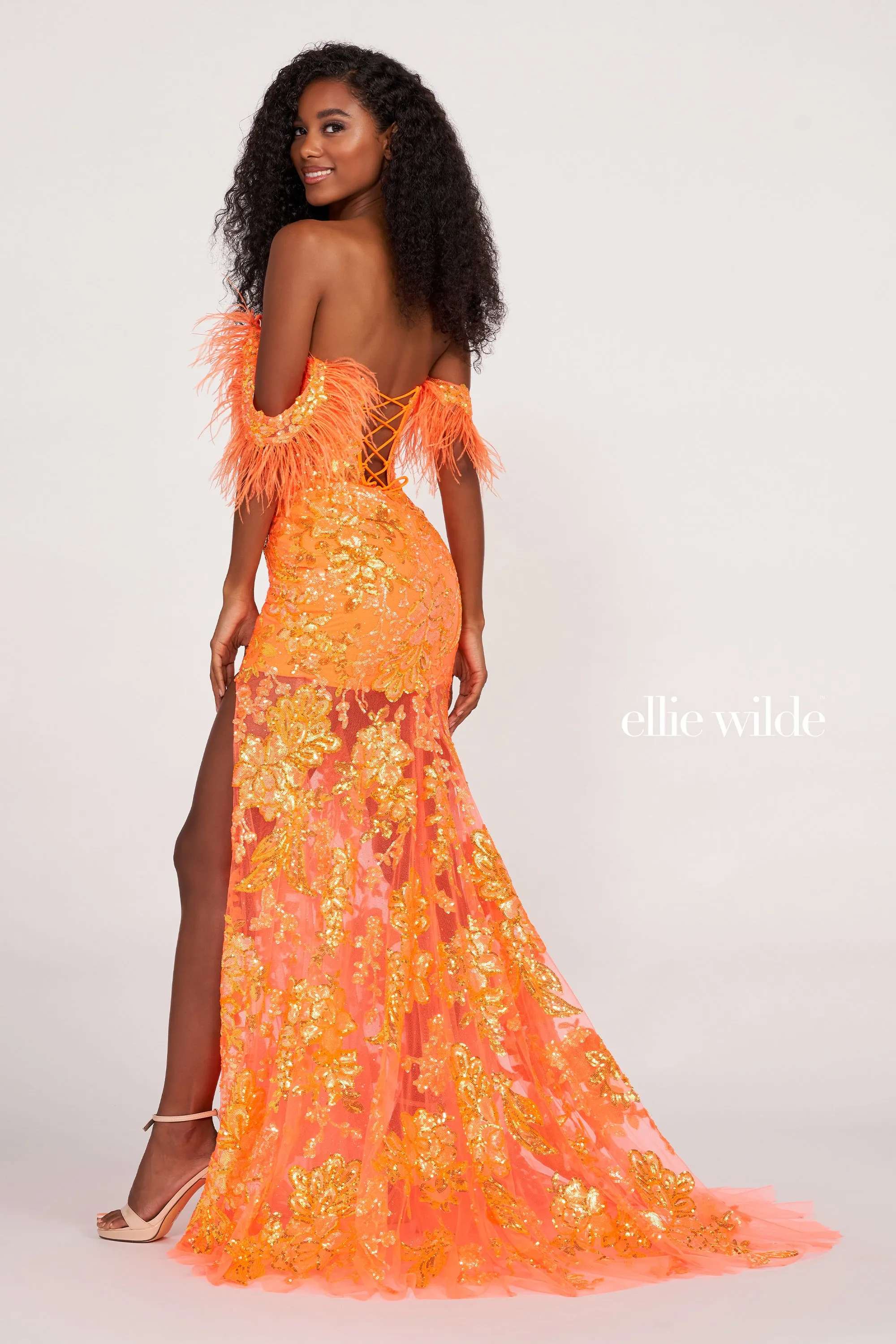 Ellie Wilde EW34034 Size 10 Coral Long Sheer Sequin Feather off the shoulder slit dress corset gown