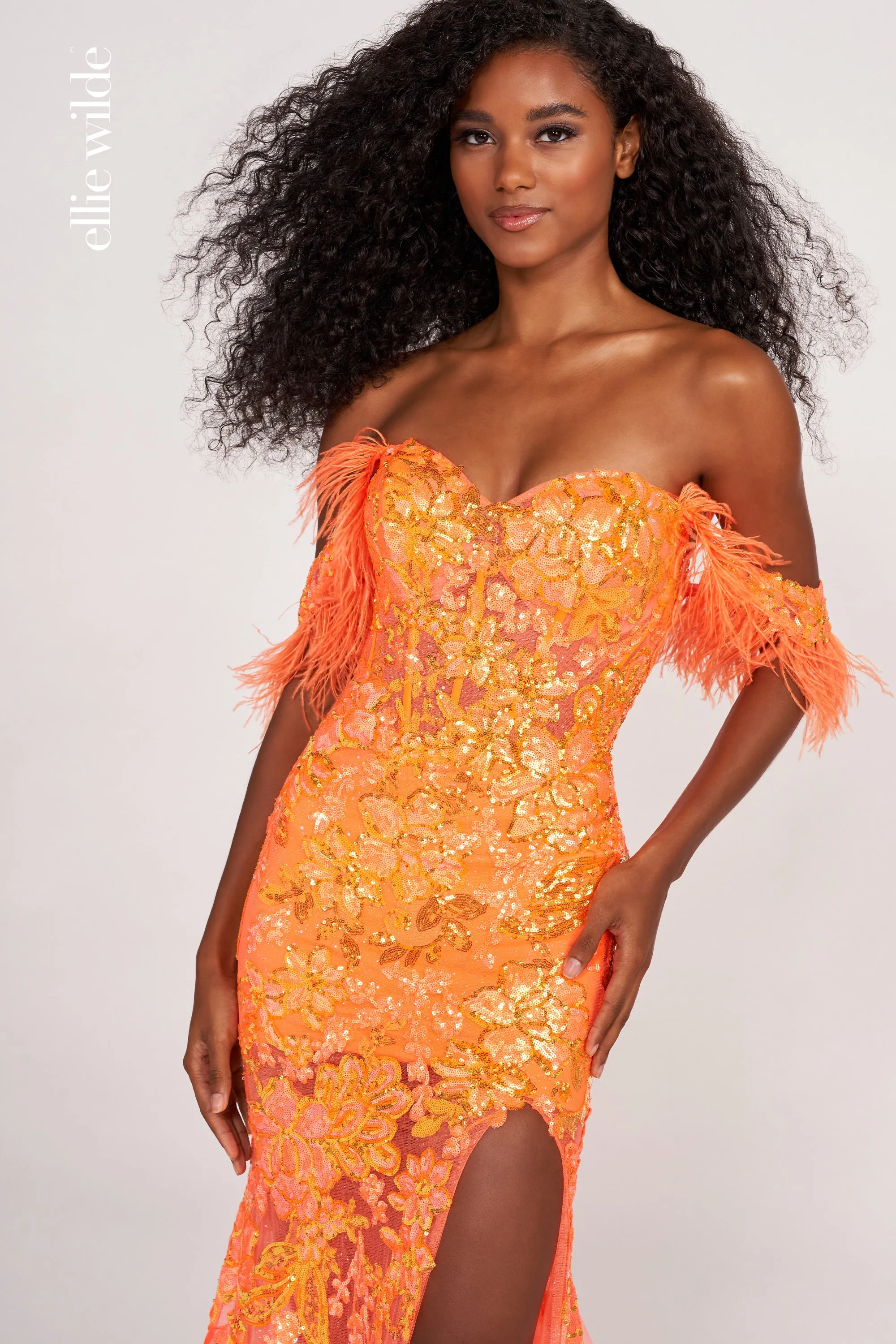 Ellie Wilde EW34034 Size 10 Coral Long Sheer Sequin Feather off the shoulder slit dress corset gown