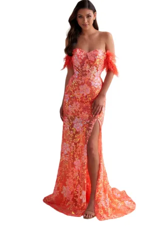Ellie Wilde EW34034 Size 10 Coral Long Sheer Sequin Feather off the shoulder slit dress corset gown