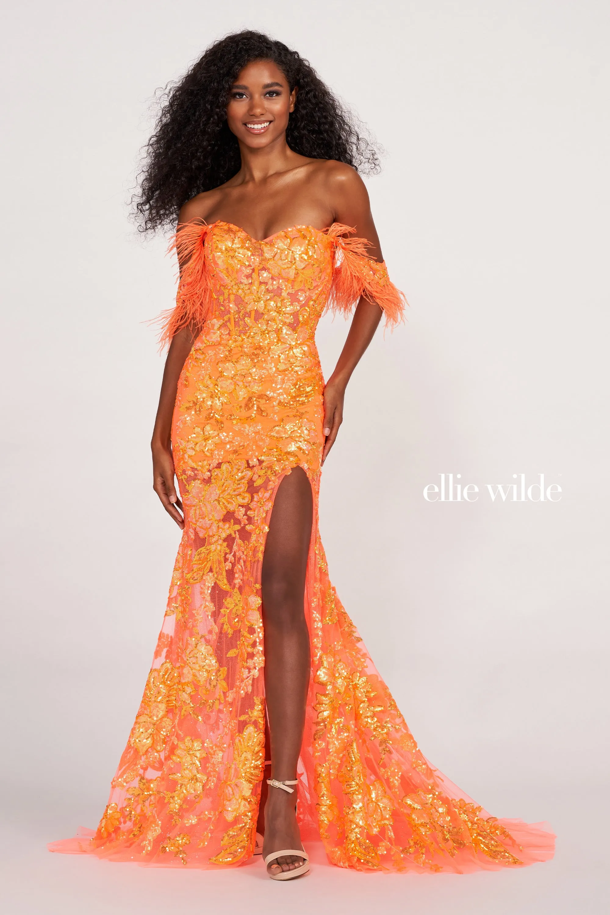 Ellie Wilde EW34034 Size 10 Coral Long Sheer Sequin Feather off the shoulder slit dress corset gown