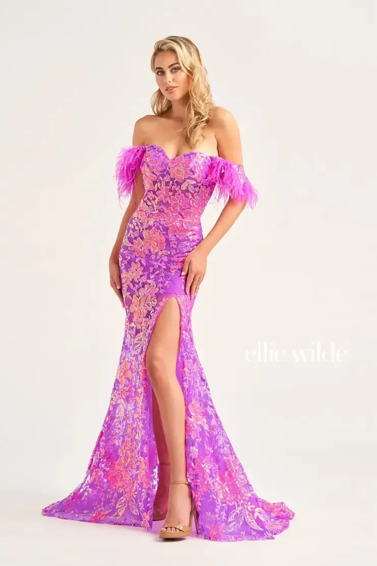 Ellie Wilde EW34034 Size 10 Coral Long Sheer Sequin Feather off the shoulder slit dress corset gown