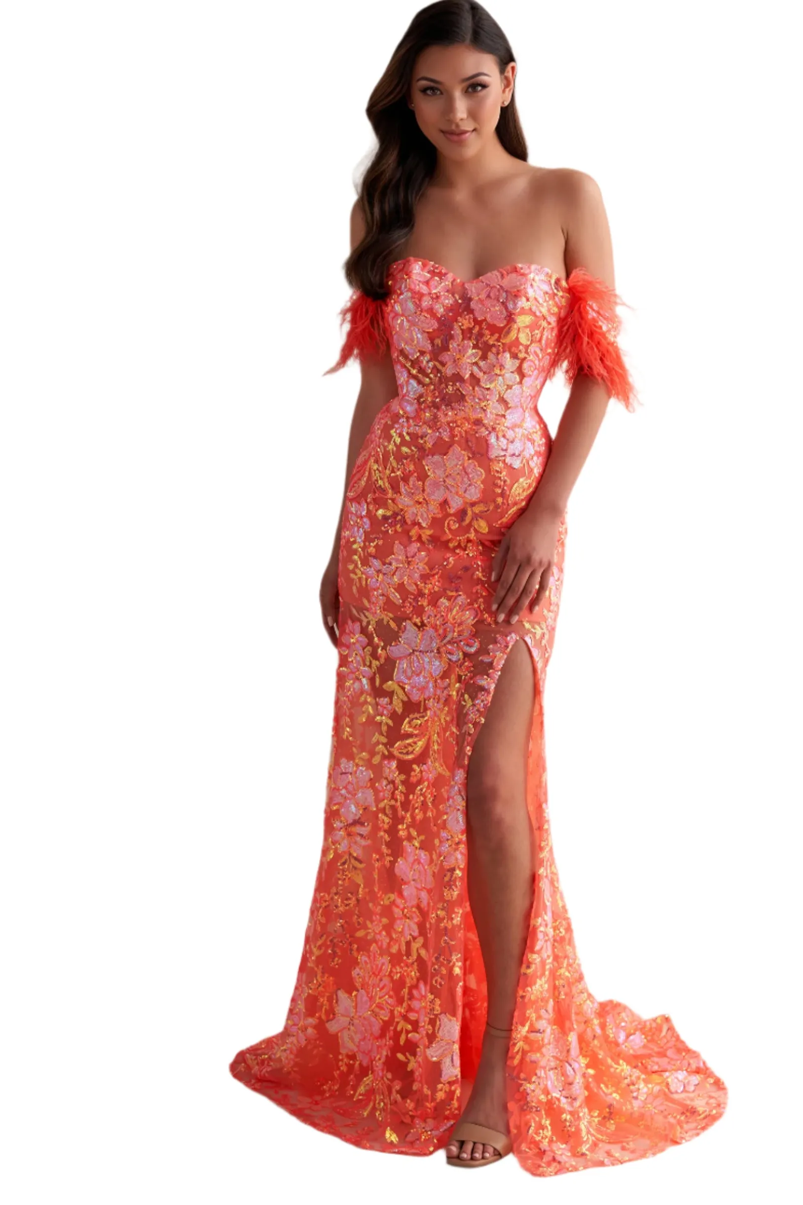 Ellie Wilde EW34034 Size 10 Coral Long Sheer Sequin Feather off the shoulder slit dress corset gown