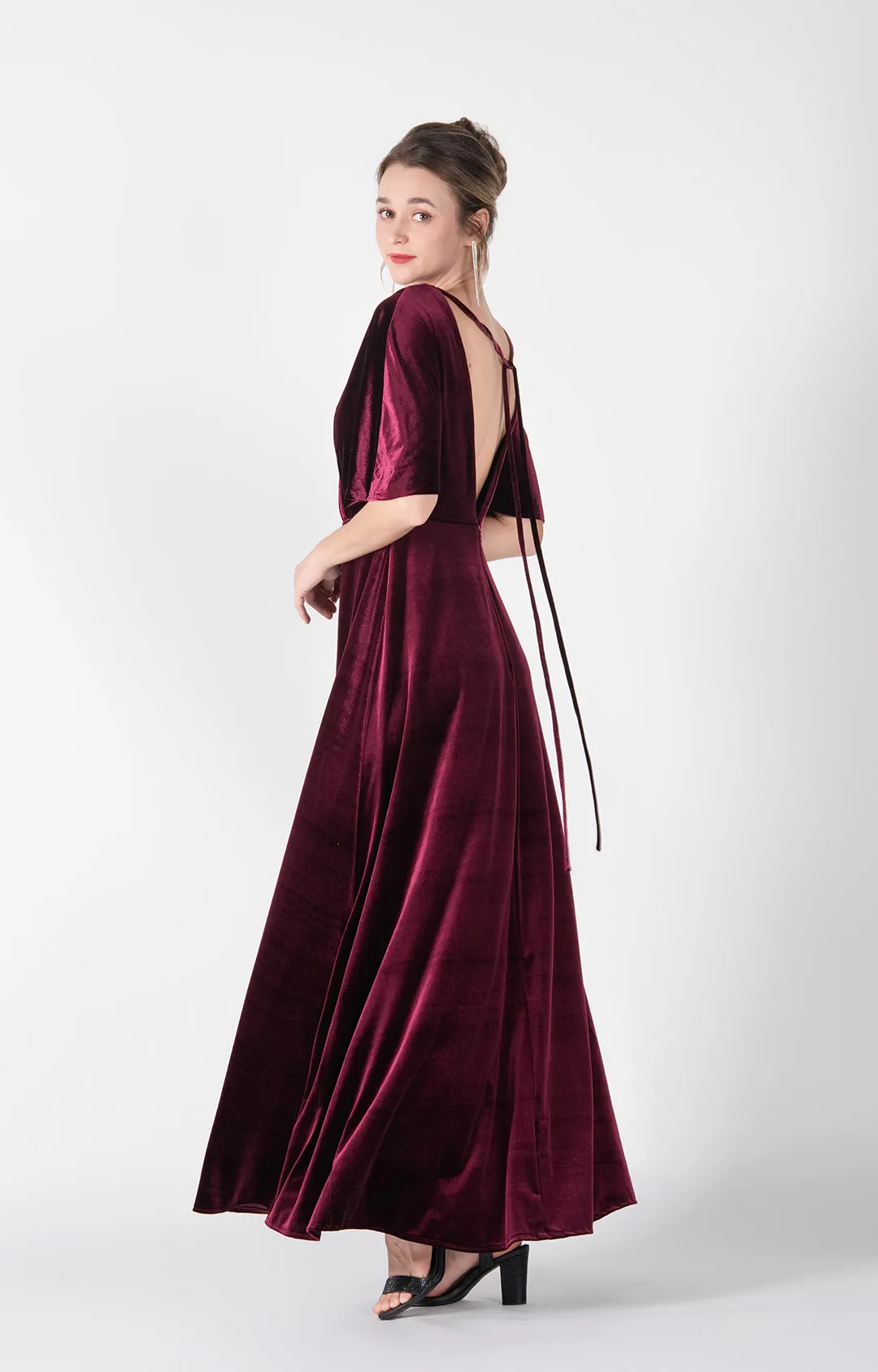 Flowing Sleeves V-Neck Pleated Back Tie A-Line Dresses