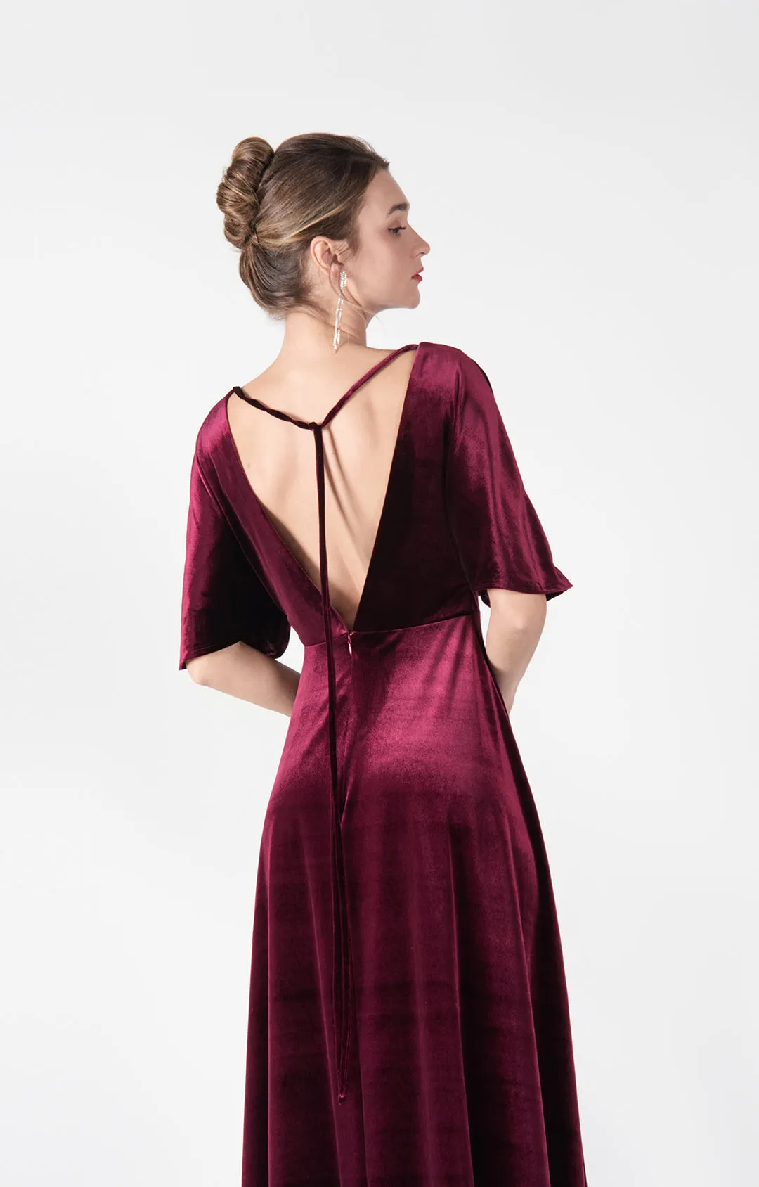Flowing Sleeves V-Neck Pleated Back Tie A-Line Dresses