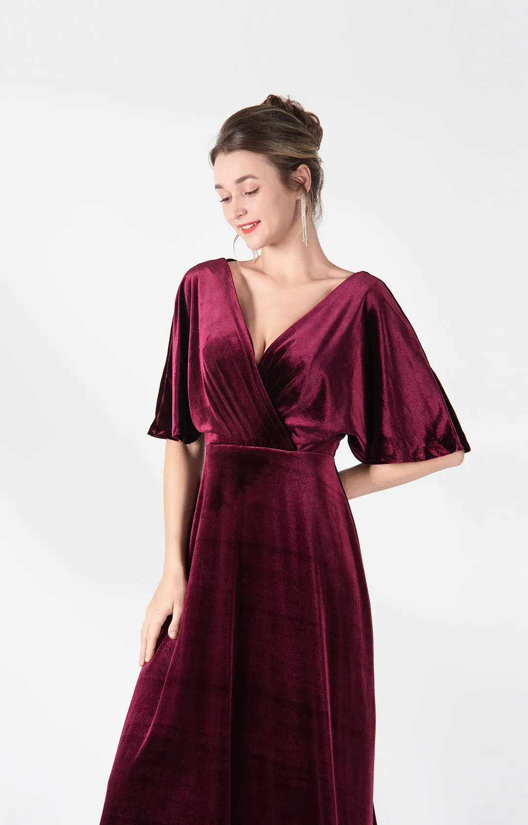 Flowing Sleeves V-Neck Pleated Back Tie A-Line Dresses