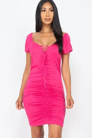 Fuchsia Front Lace Up V Neck Short Sleeve Bodycon Ruched Party Clubwear Mini Dress_