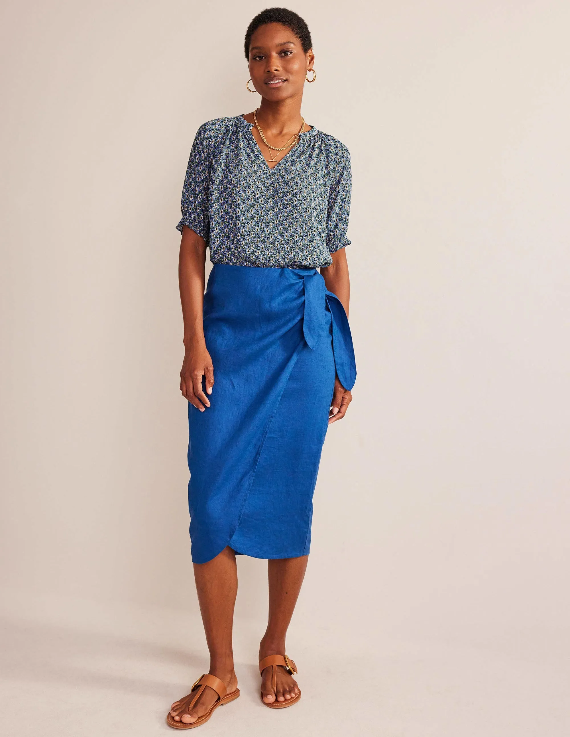 Gathered Neck Short Sleeve Top-Blue, Paisley Stem
