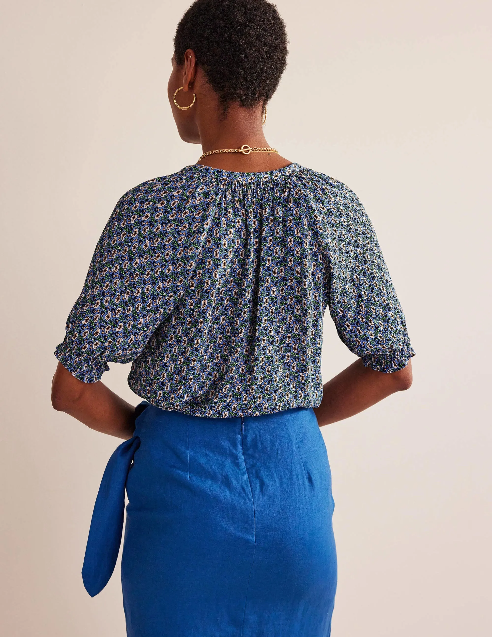 Gathered Neck Short Sleeve Top-Blue, Paisley Stem