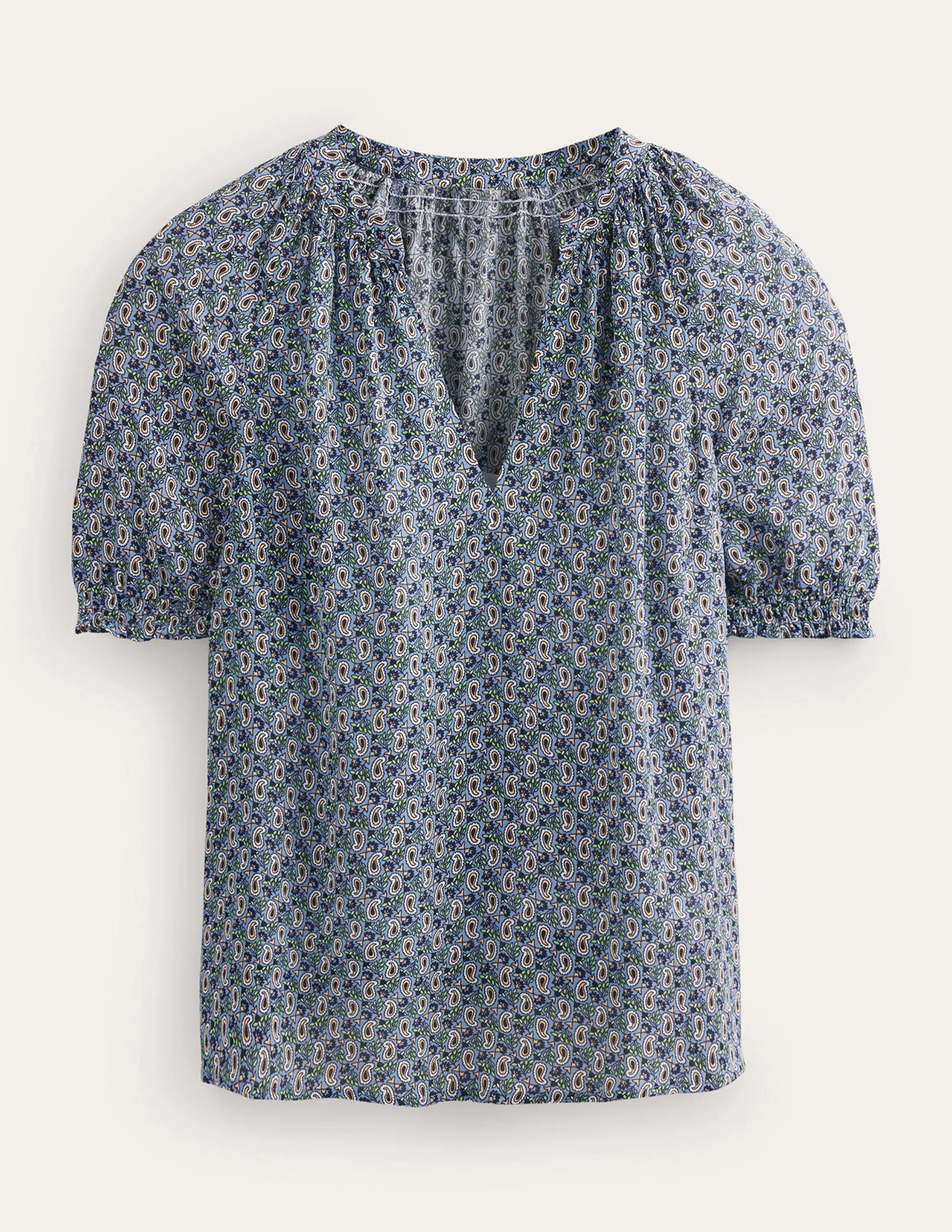 Gathered Neck Short Sleeve Top-Blue, Paisley Stem