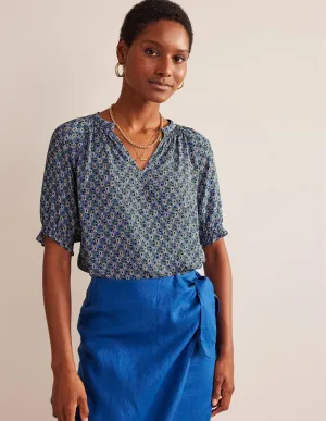 Gathered Neck Short Sleeve Top-Blue, Paisley Stem