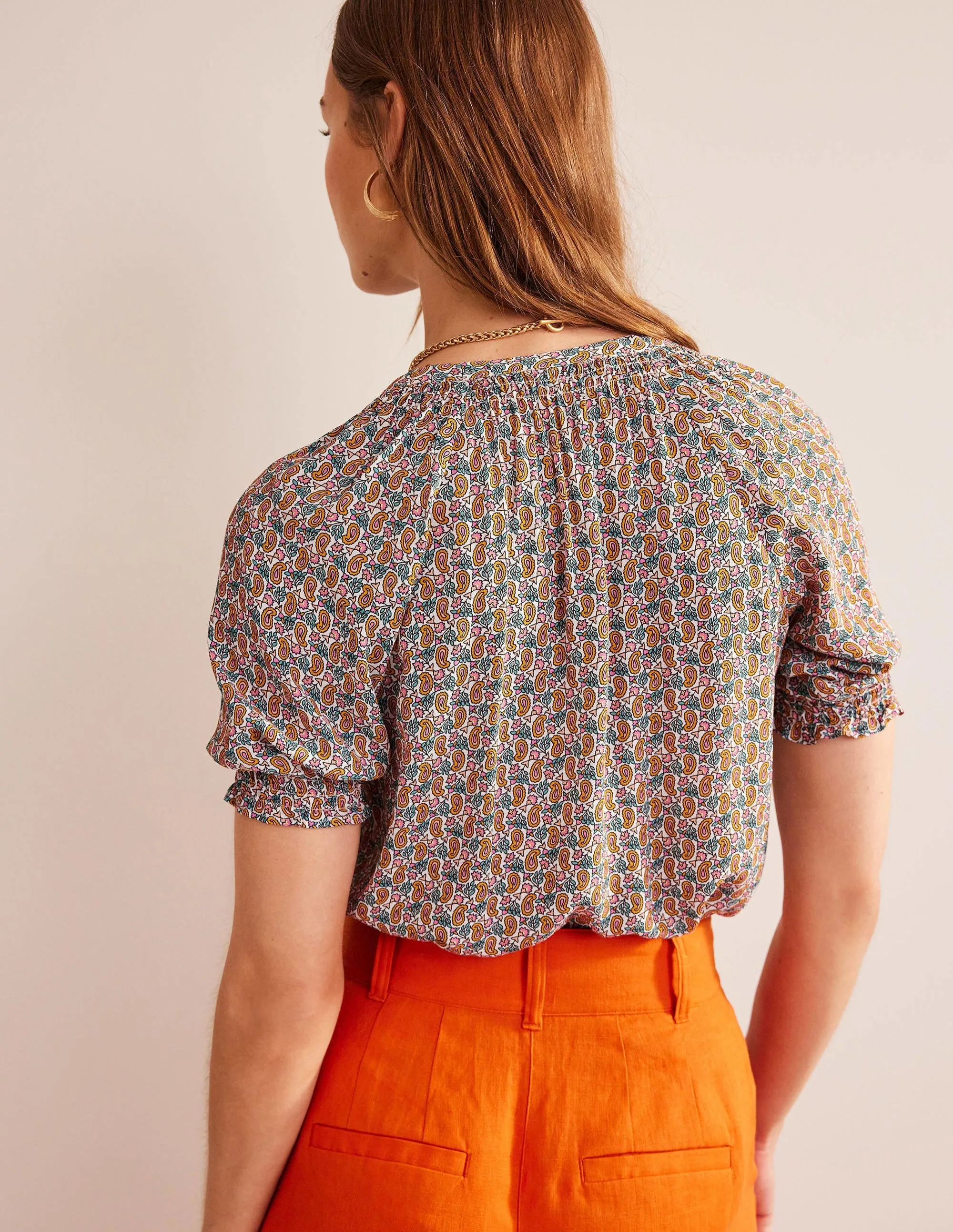 Gathered Neck Short Sleeve Top-Plum Blossom, Paisley Stem