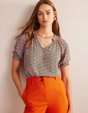 Gathered Neck Short Sleeve Top-Plum Blossom, Paisley Stem