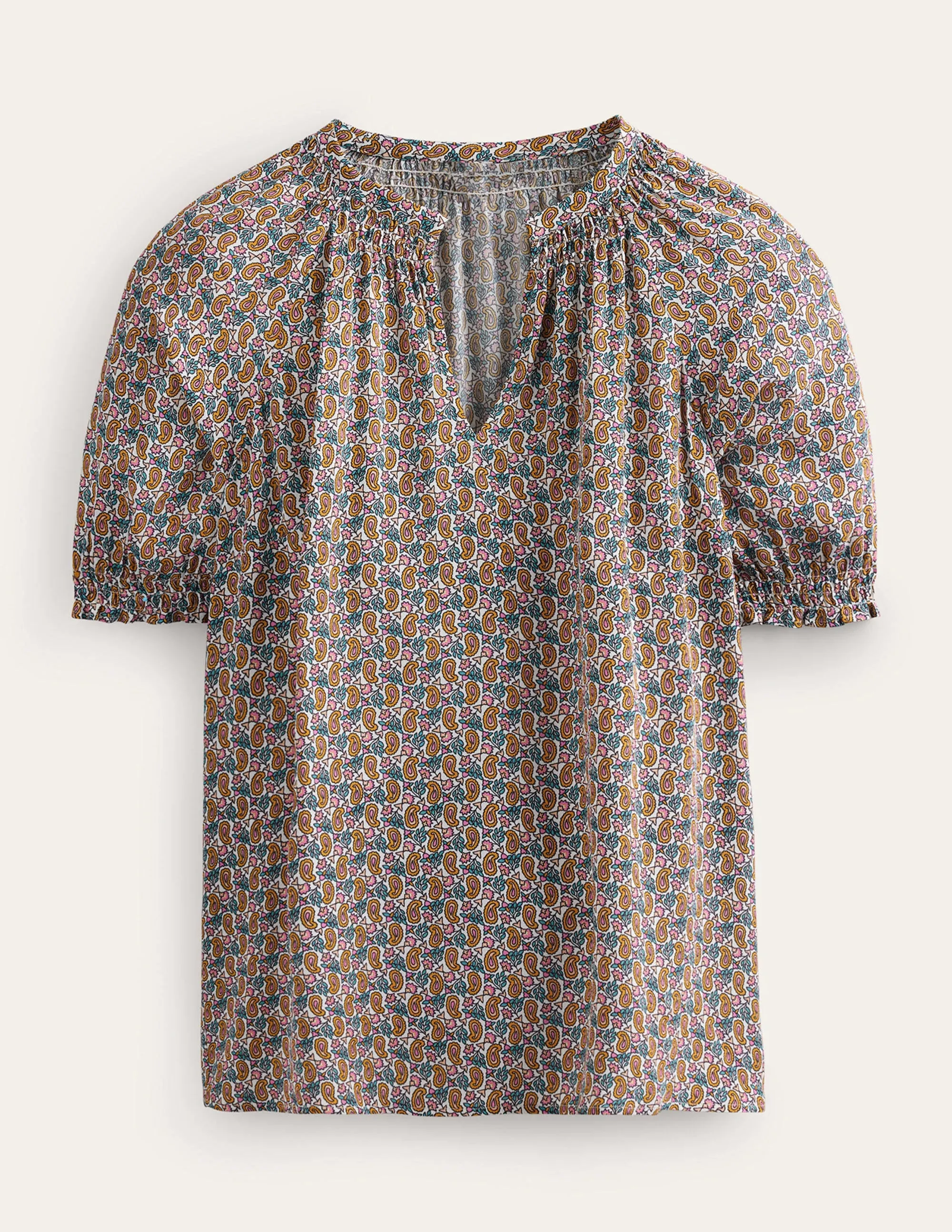 Gathered Neck Short Sleeve Top-Plum Blossom, Paisley Stem