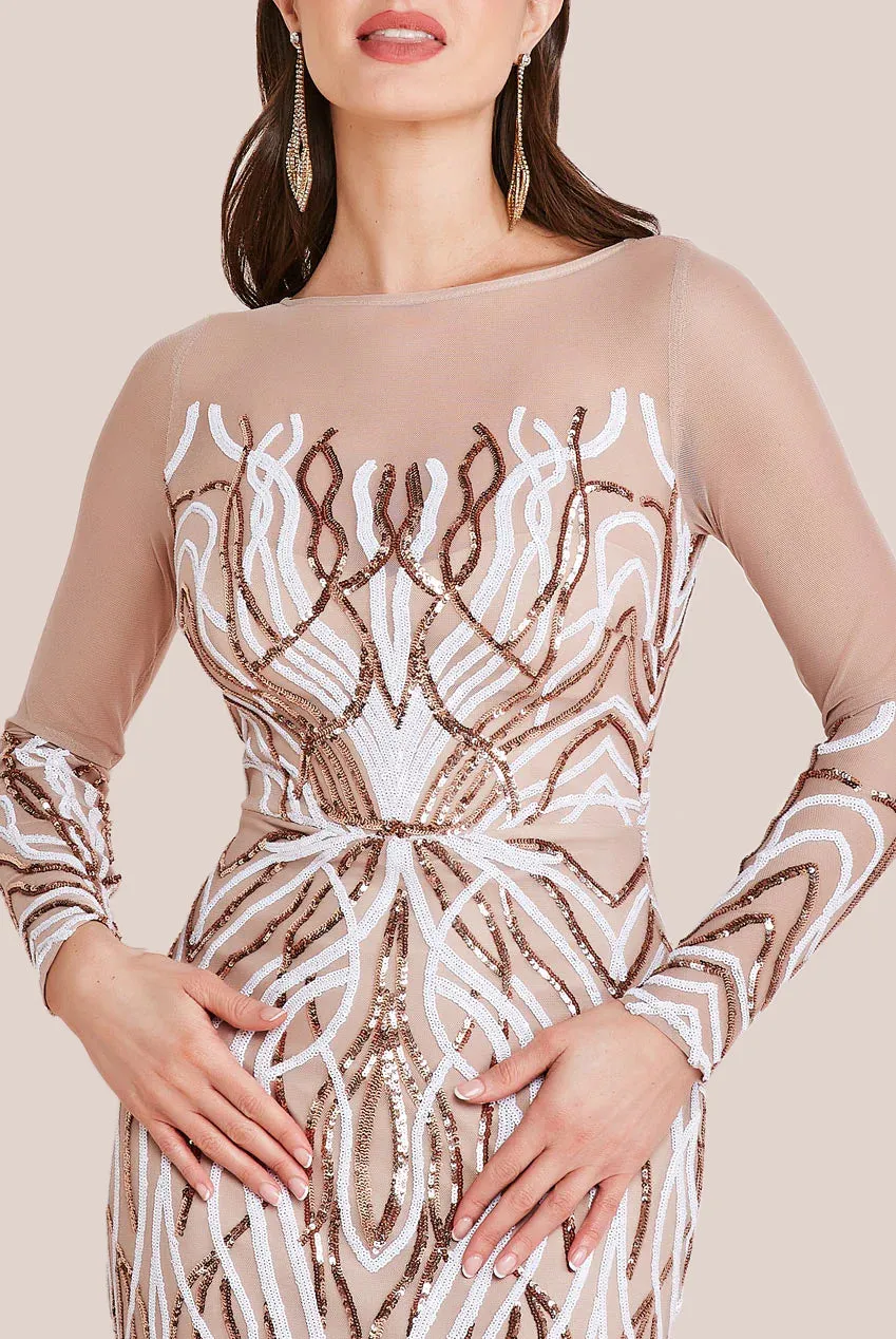 Goddiva Long Sleeve Sequin Flame Maxi - Champagne