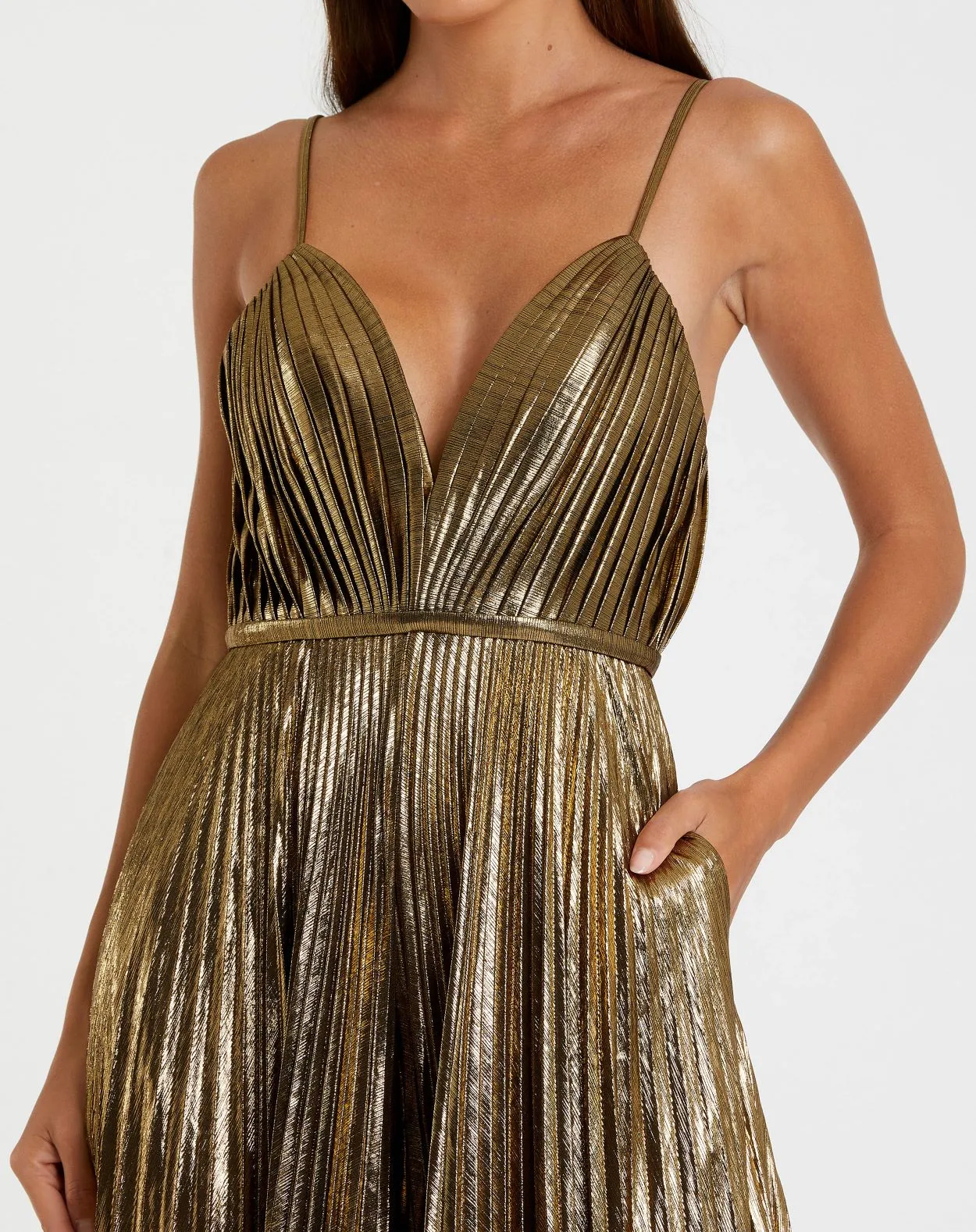 Gold Metallic Pleated V-Neck Jumpsuit