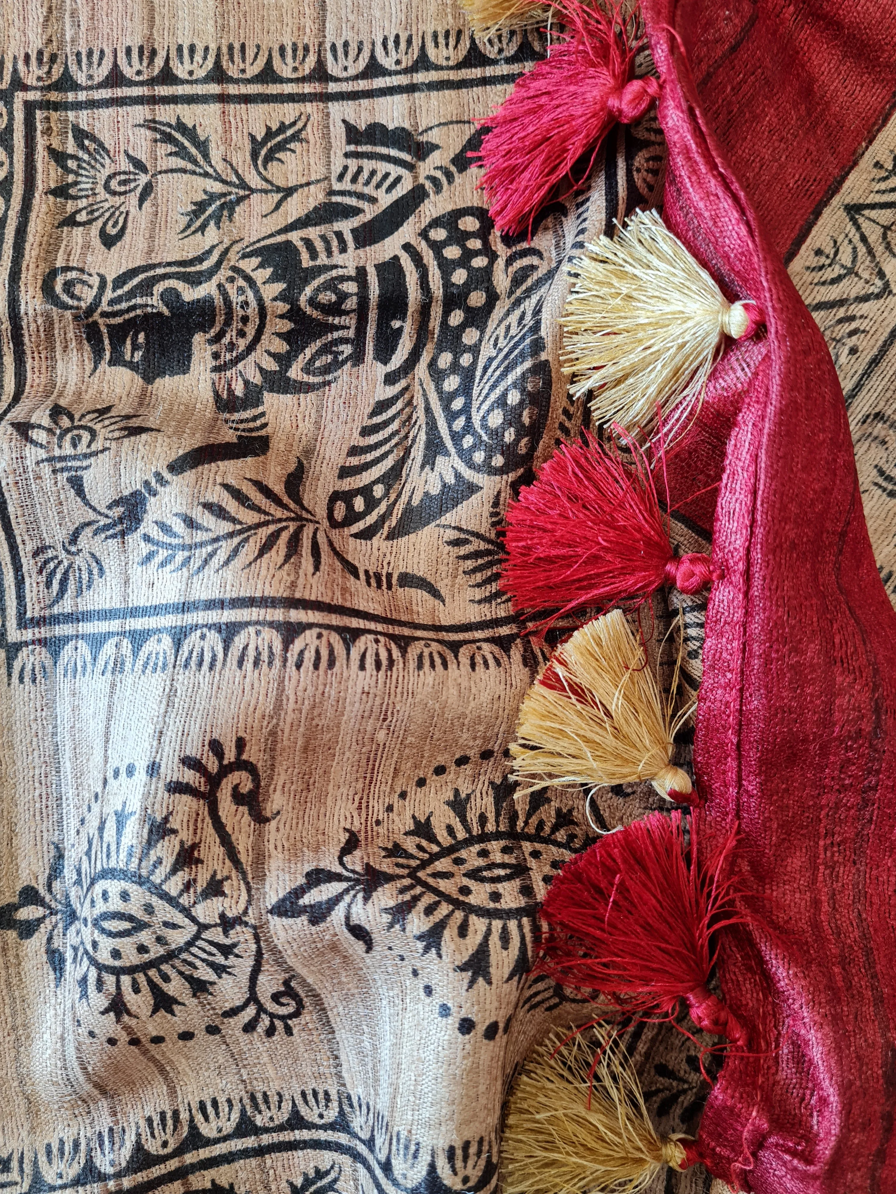 Handloom Ghicha Silk Saree with Block Prints
