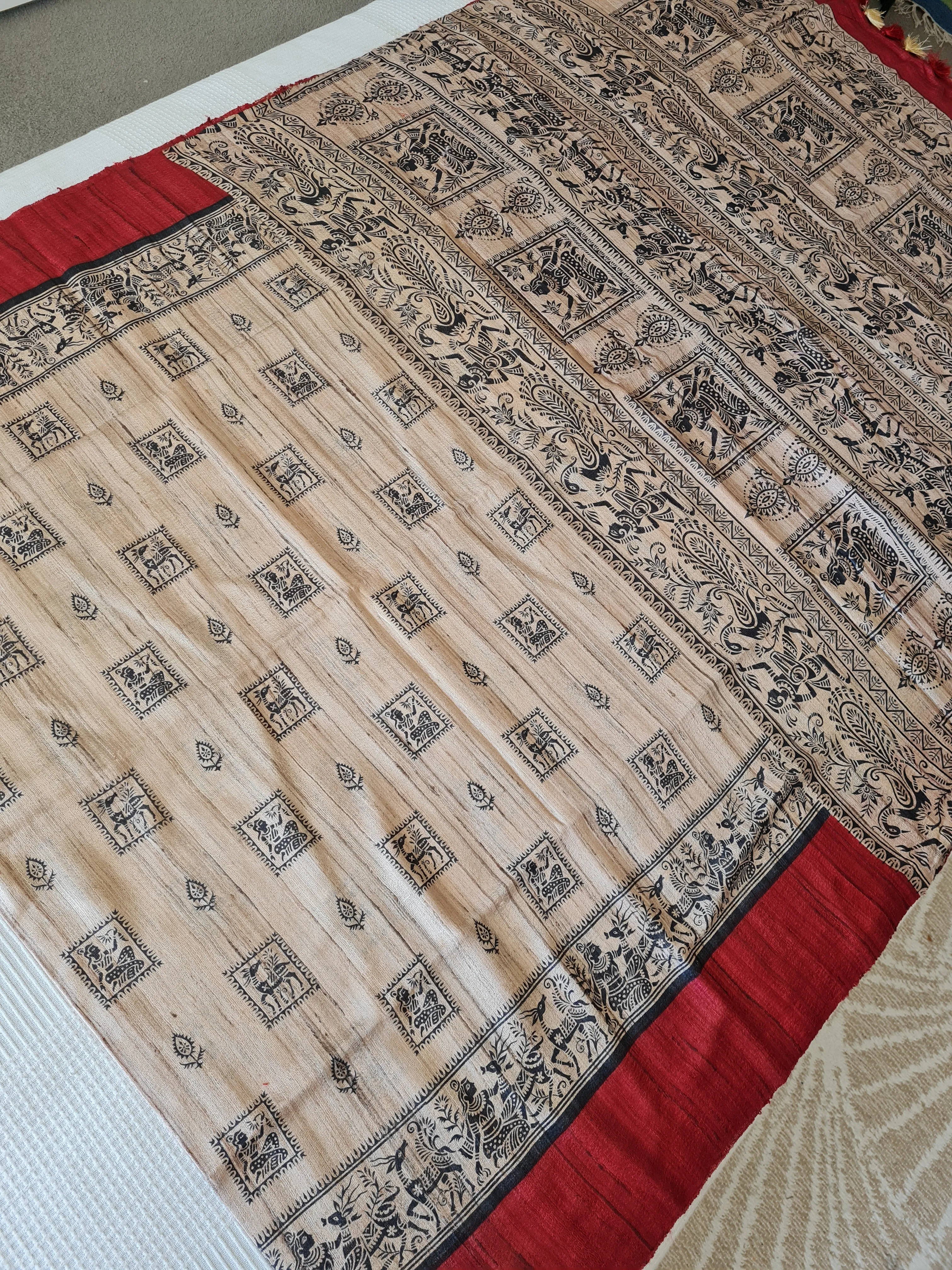 Handloom Ghicha Silk Saree with Block Prints