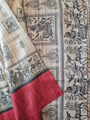 Handloom Ghicha Silk Saree with Block Prints