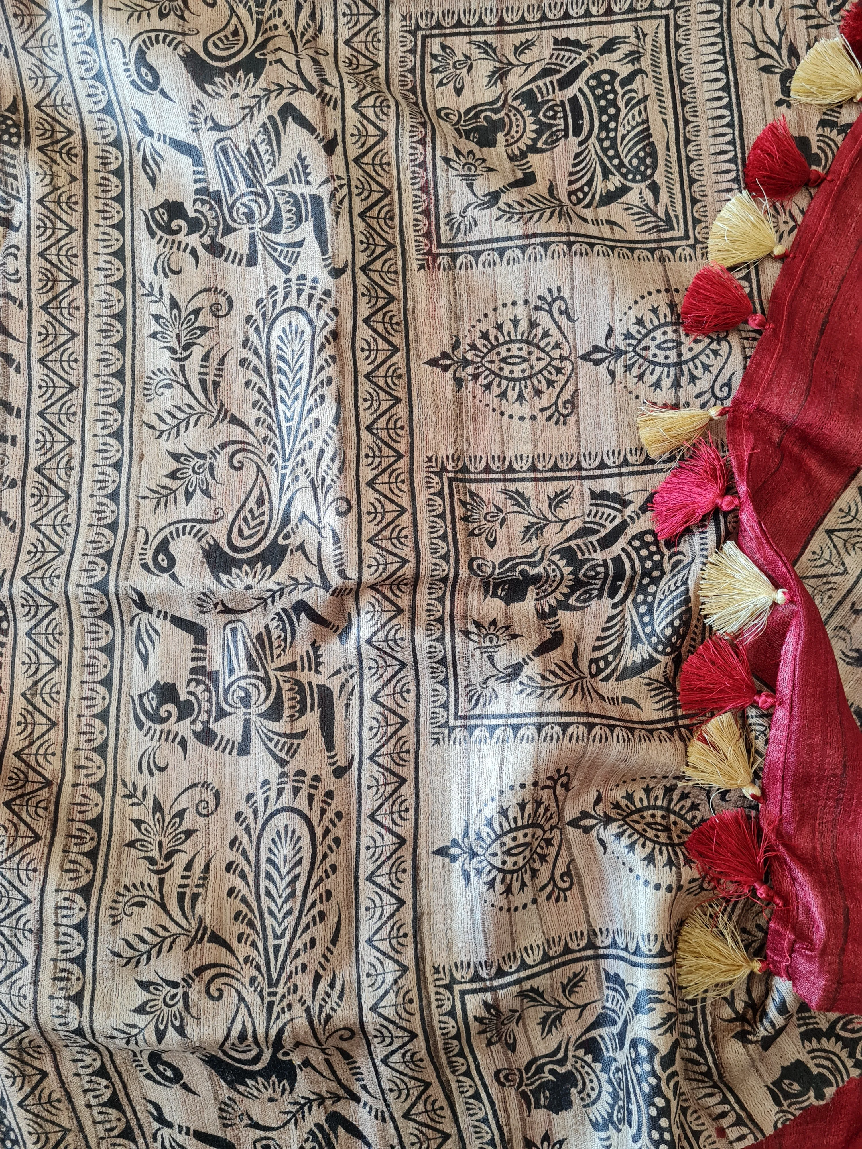 Handloom Ghicha Silk Saree with Block Prints
