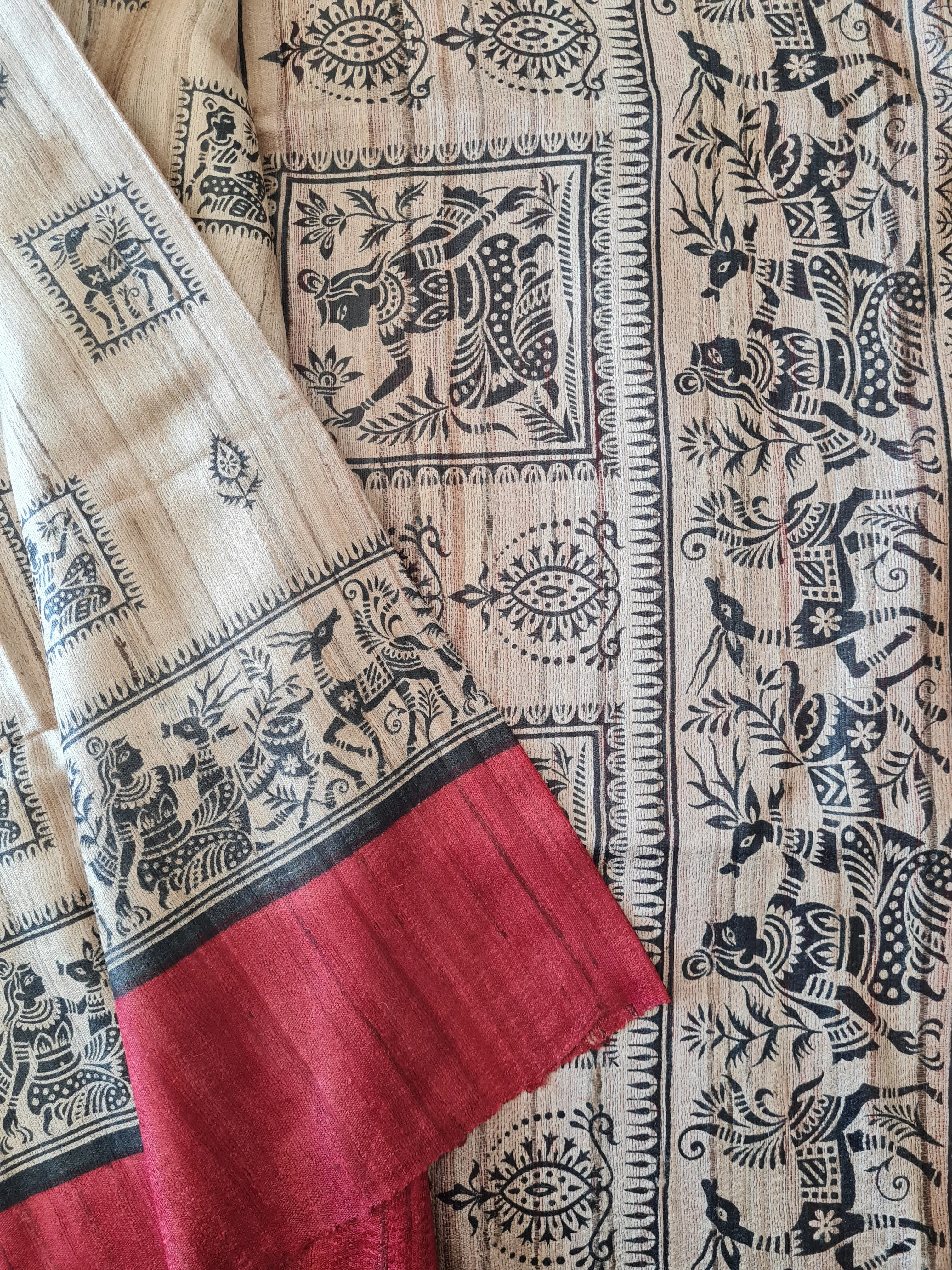 Handloom Ghicha Silk Saree with Block Prints