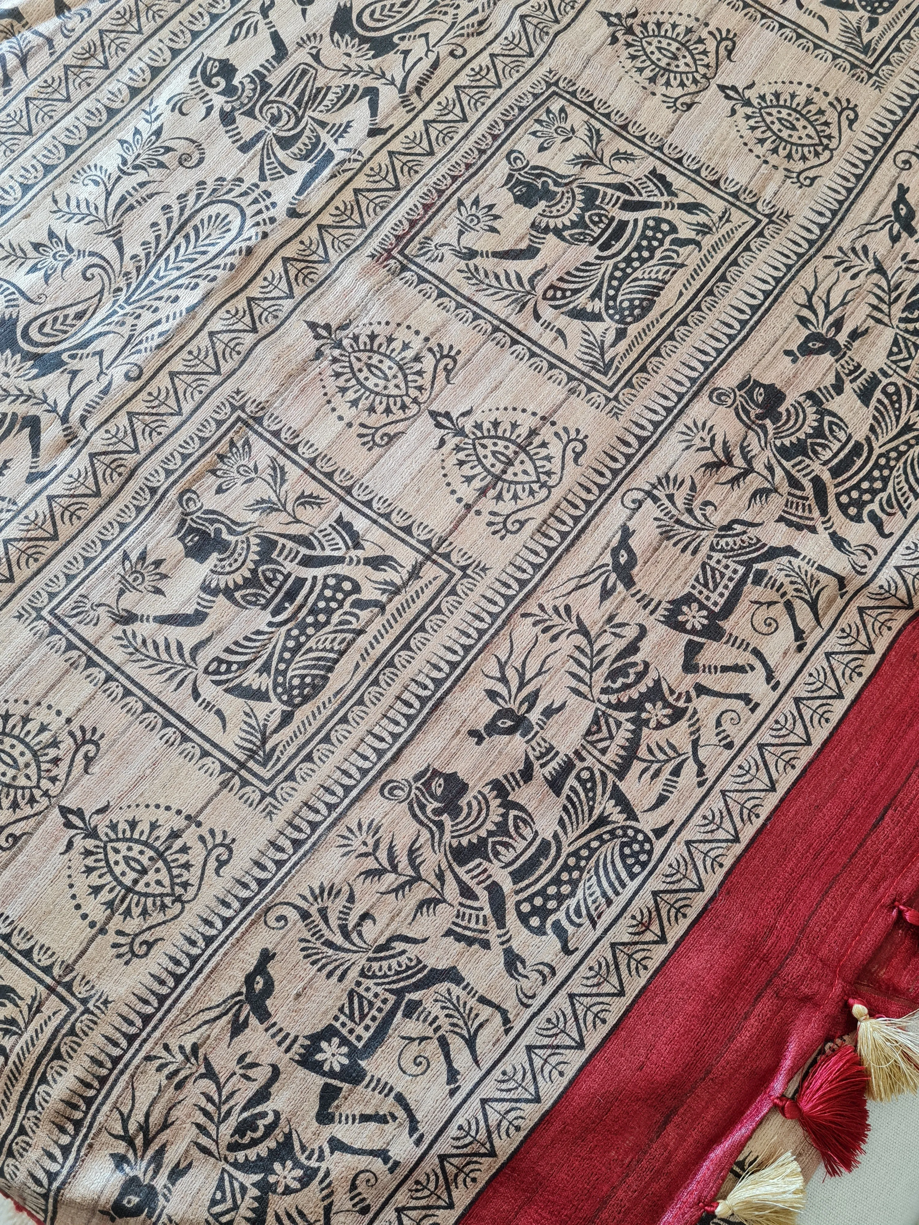 Handloom Ghicha Silk Saree with Block Prints