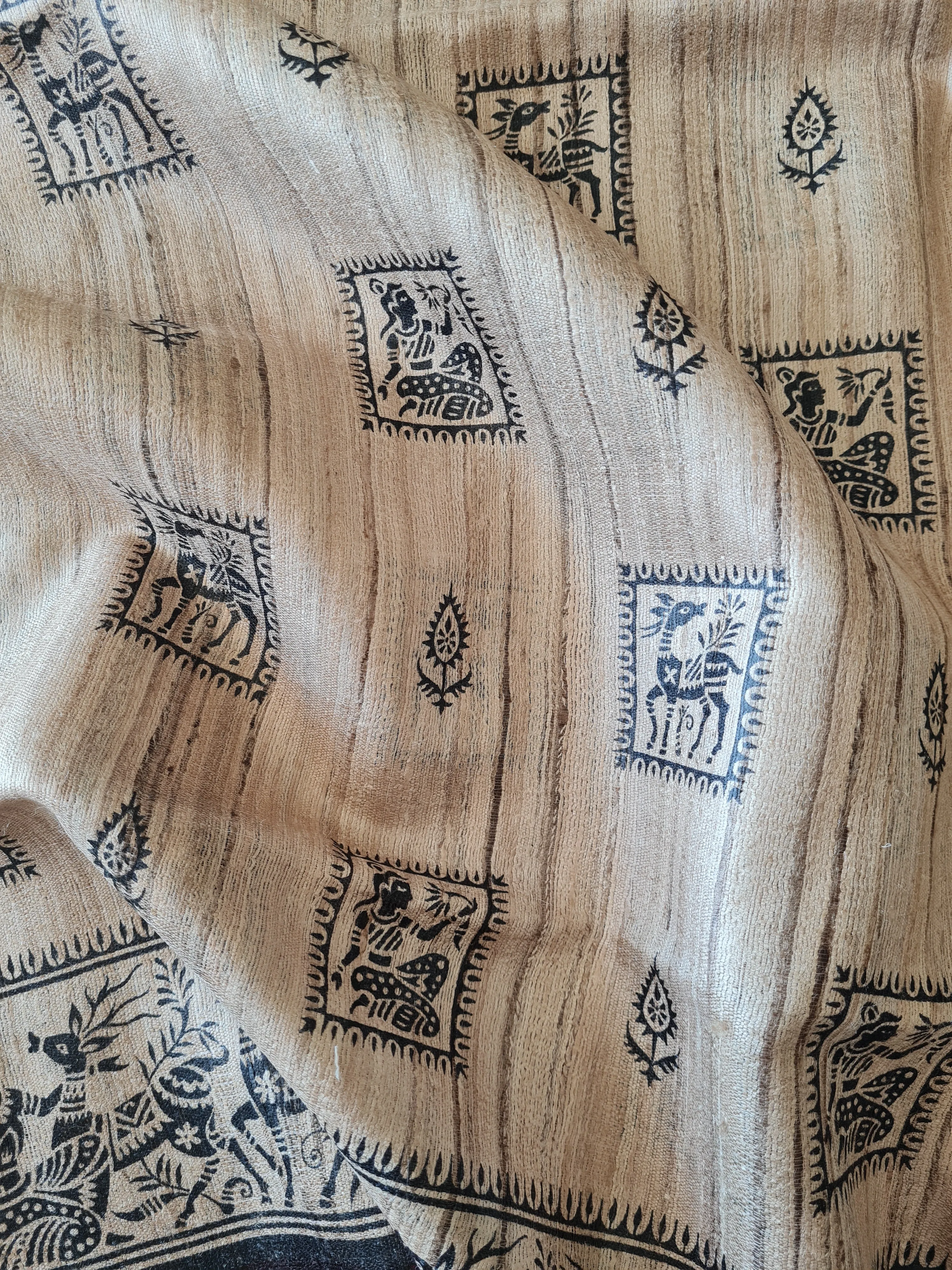 Handloom Ghicha Silk Saree with Block Prints