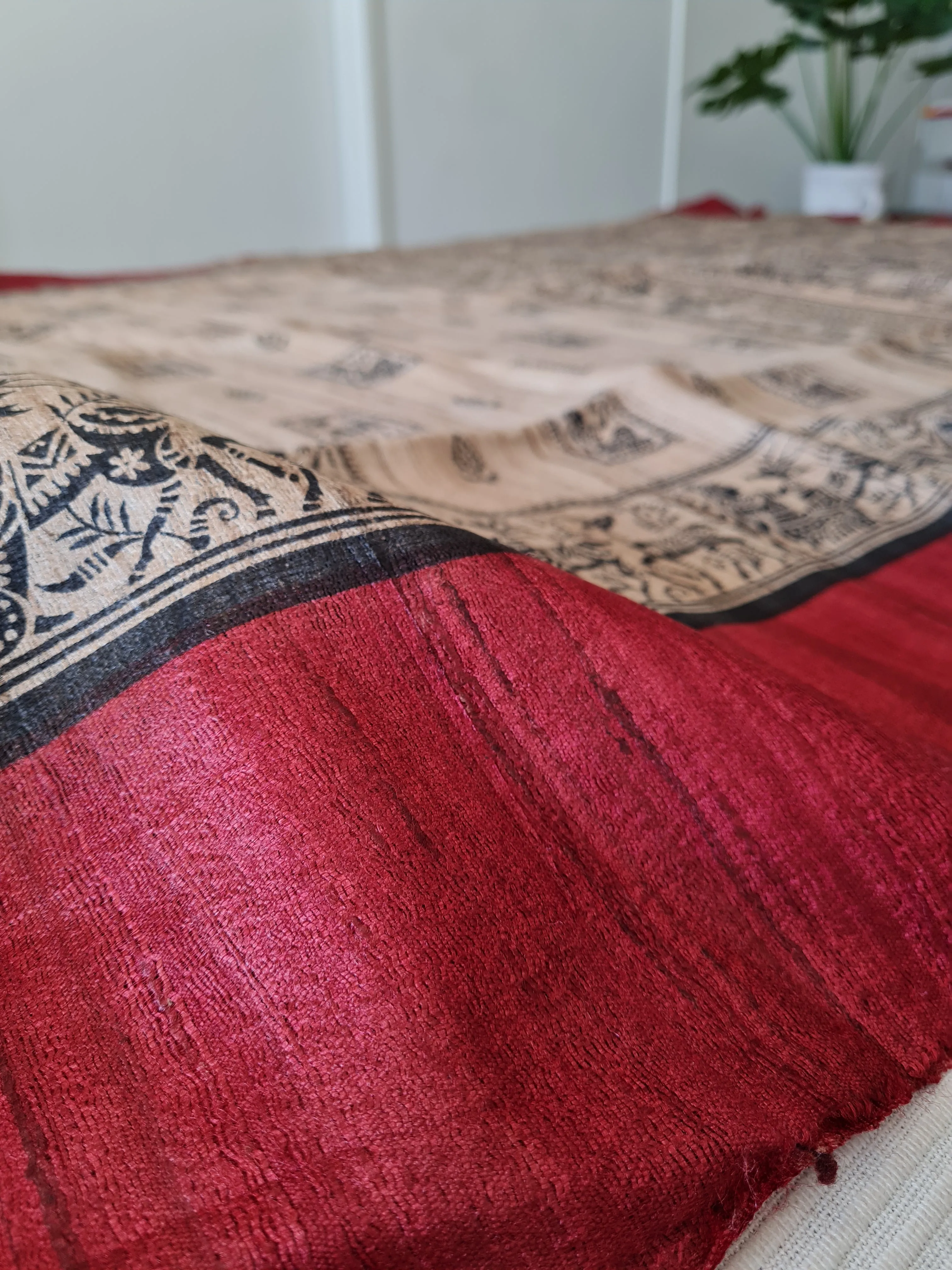 Handloom Ghicha Silk Saree with Block Prints