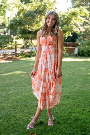 Hibiscus Flower Chest Ruched Round Hemming Midi Dress