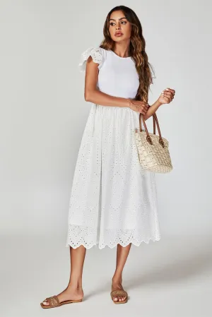Jersey Broderie Midi Dress In White