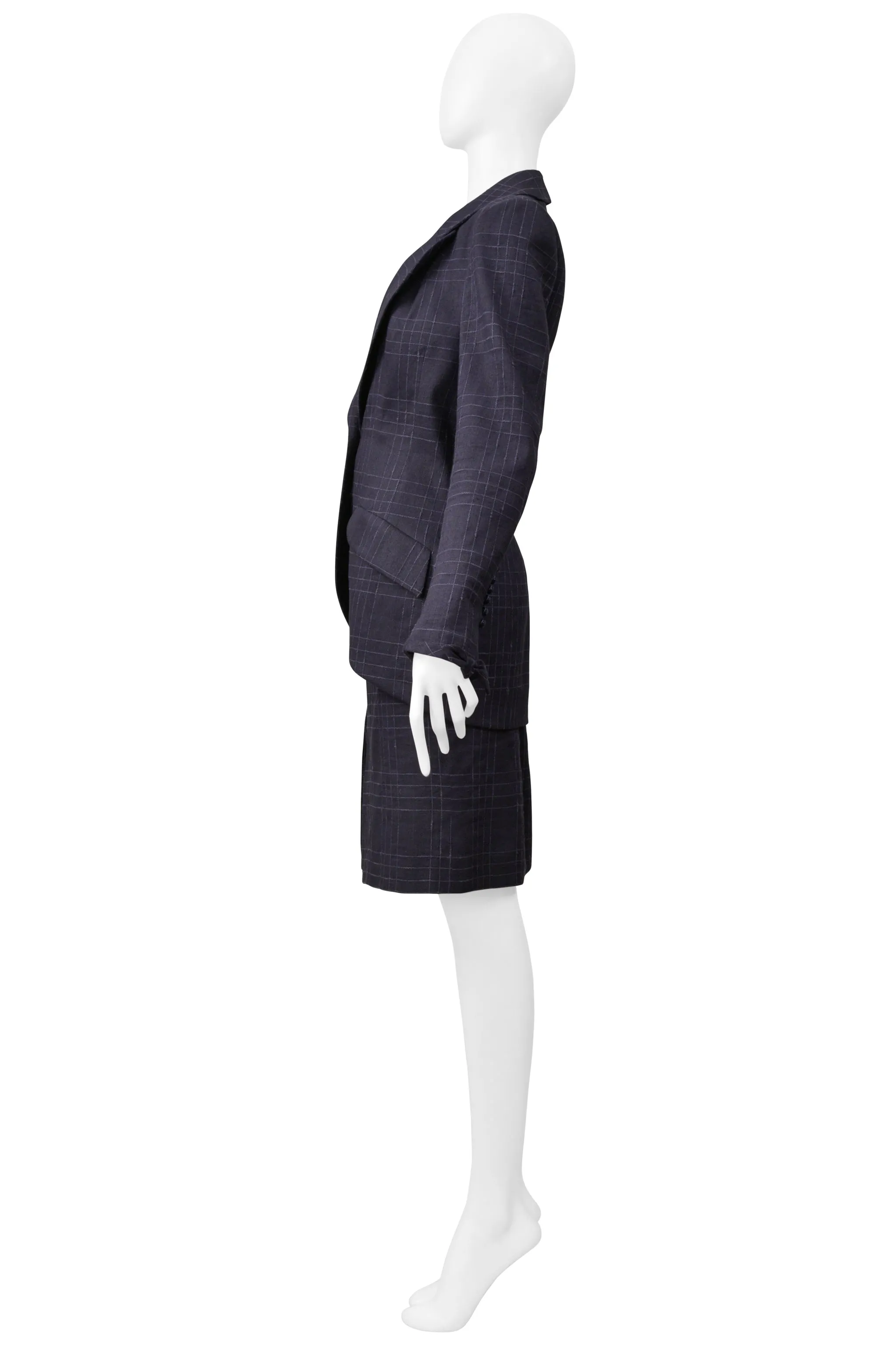 JOHN GALLIANO NAVY BLUE WINDOWPANE PLAID SKIRT SUIT 1999