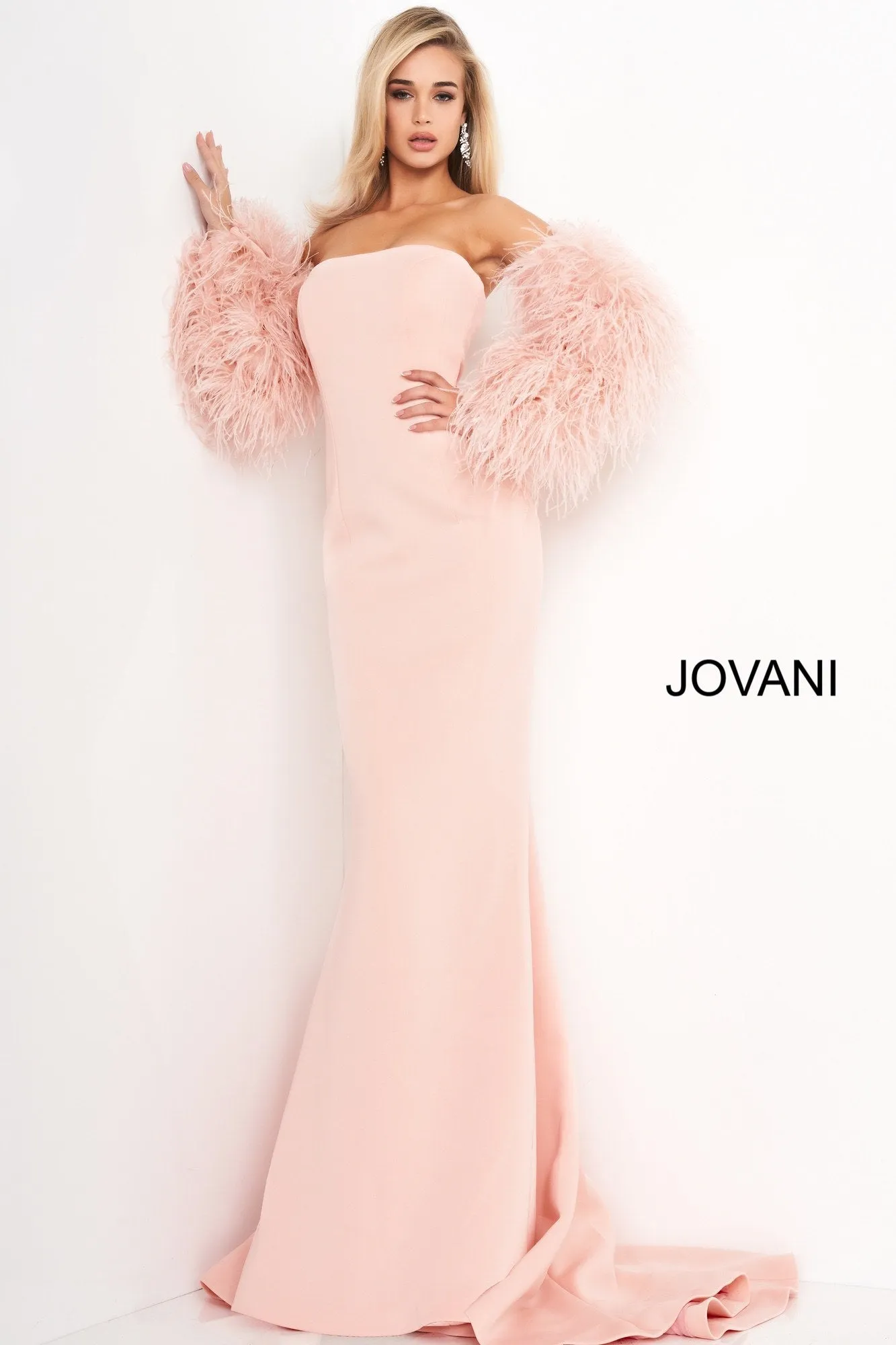 Jovani 1226 Long Fitted Formal Evening Gown Fur Sleeves White Dress Wedding