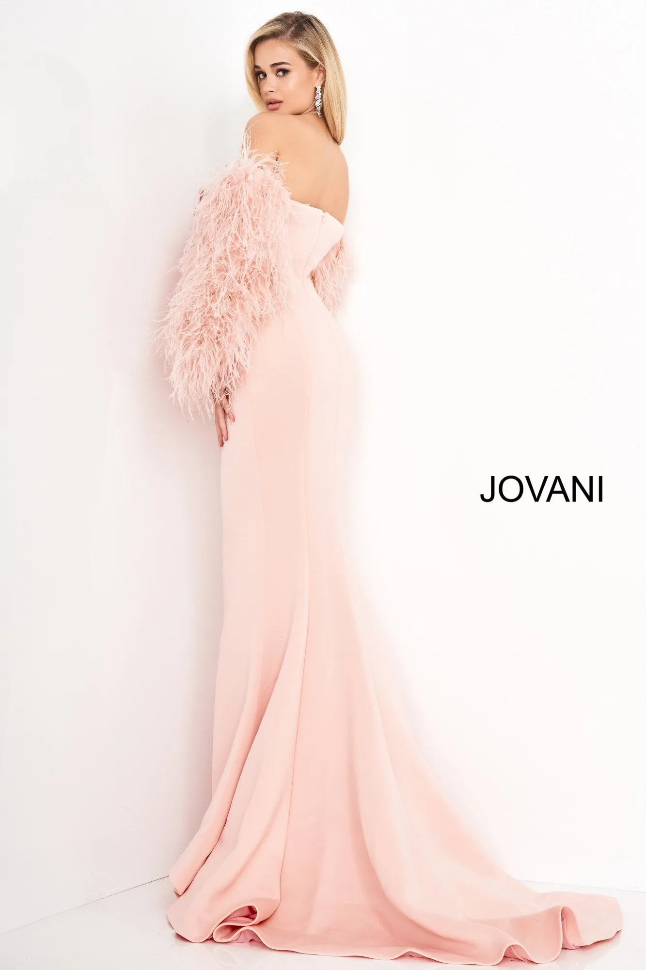 Jovani 1226 Long Fitted Formal Evening Gown Fur Sleeves White Dress Wedding