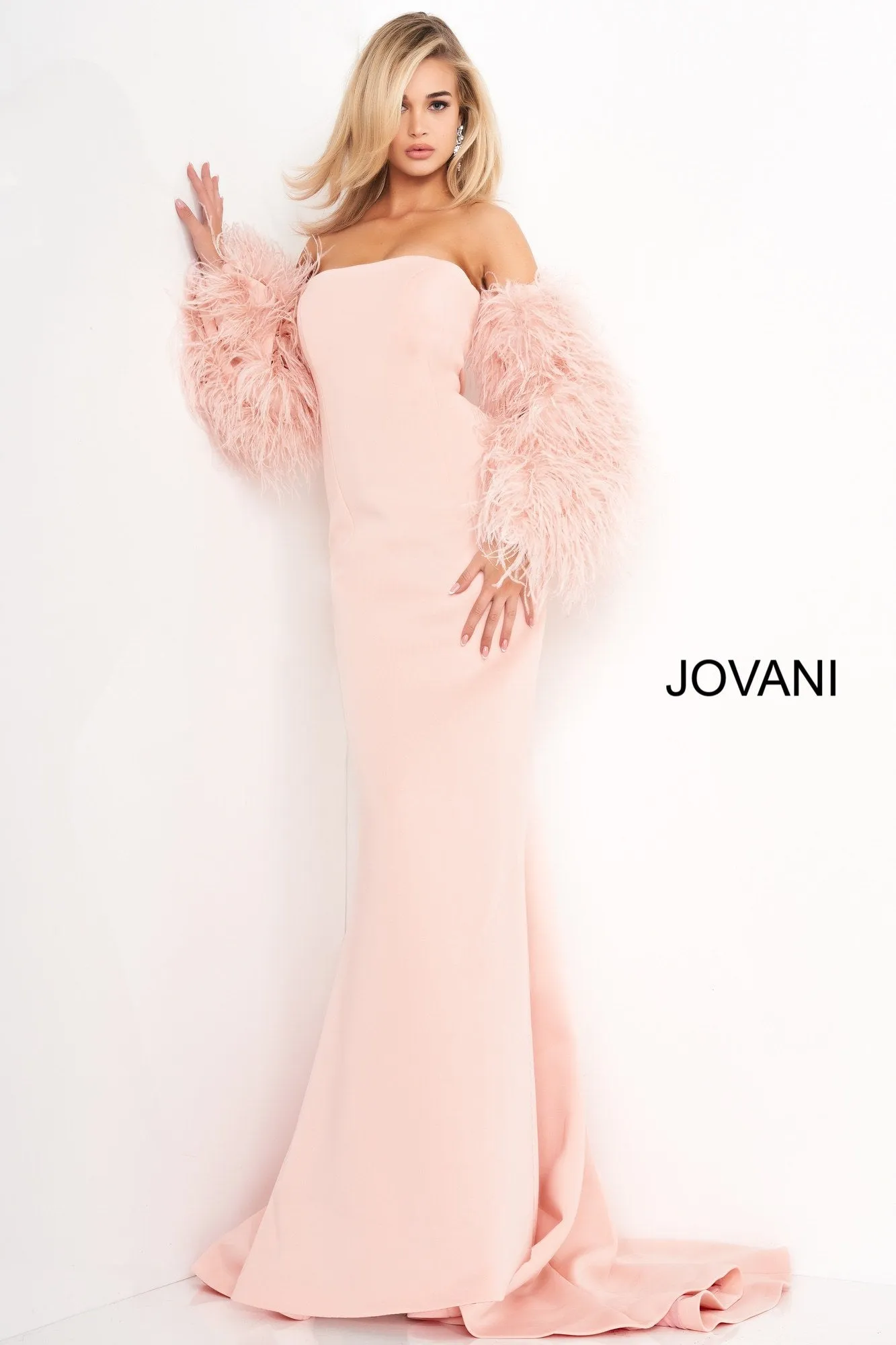 Jovani 1226 Long Fitted Formal Evening Gown Fur Sleeves White Dress Wedding