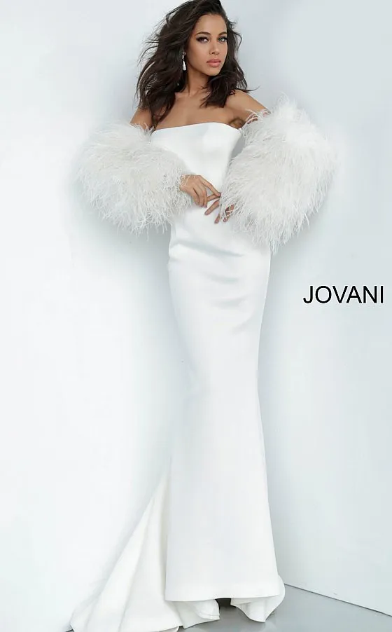 Jovani 1226 Long Fitted Formal Evening Gown Fur Sleeves White Dress Wedding