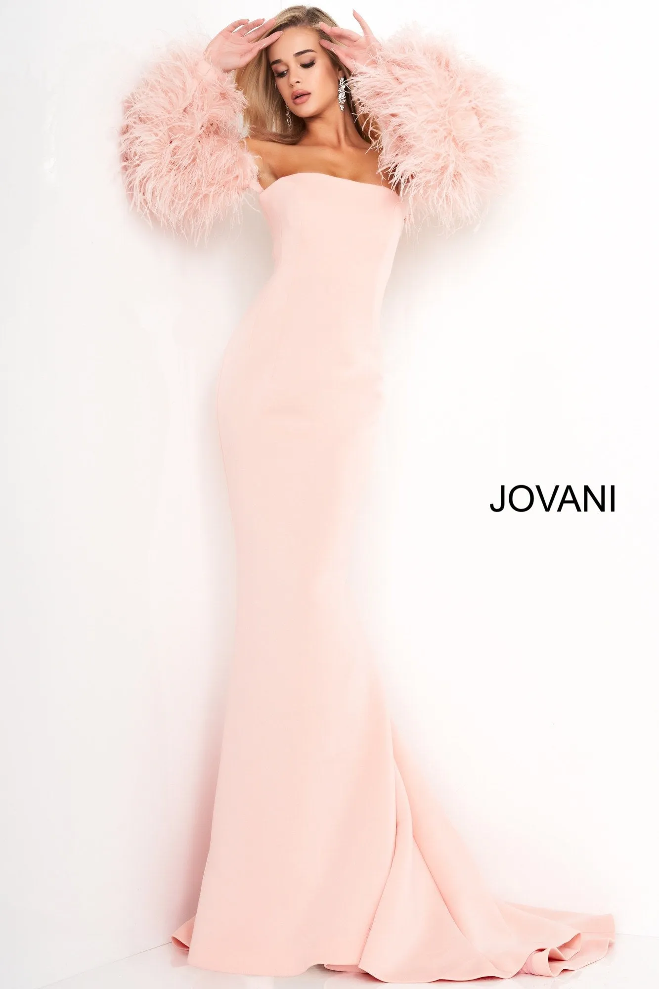 Jovani 1226 Long Fitted Formal Evening Gown Fur Sleeves White Dress Wedding