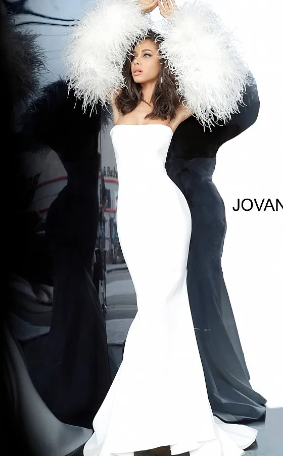 Jovani 1226 Long Fitted Formal Evening Gown Fur Sleeves White Dress Wedding