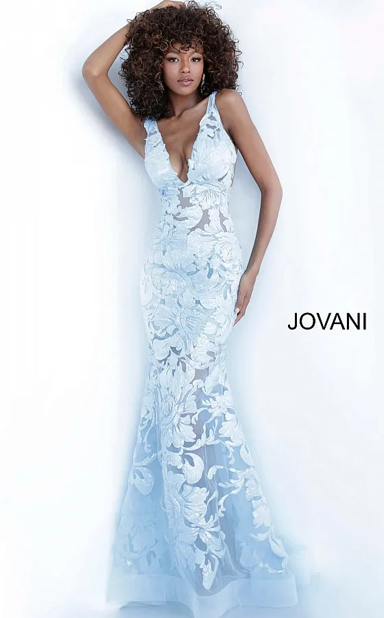 Jovani 60283 Size 10 Turquoise Long Floral Sheer Sequin Formal Evening Prom Dress V Neck Gown