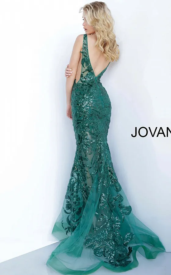Jovani 60283 Size 10 Turquoise Long Floral Sheer Sequin Formal Evening Prom Dress V Neck Gown