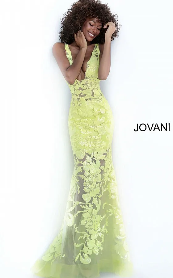 Jovani 60283 Size 10 Turquoise Long Floral Sheer Sequin Formal Evening Prom Dress V Neck Gown