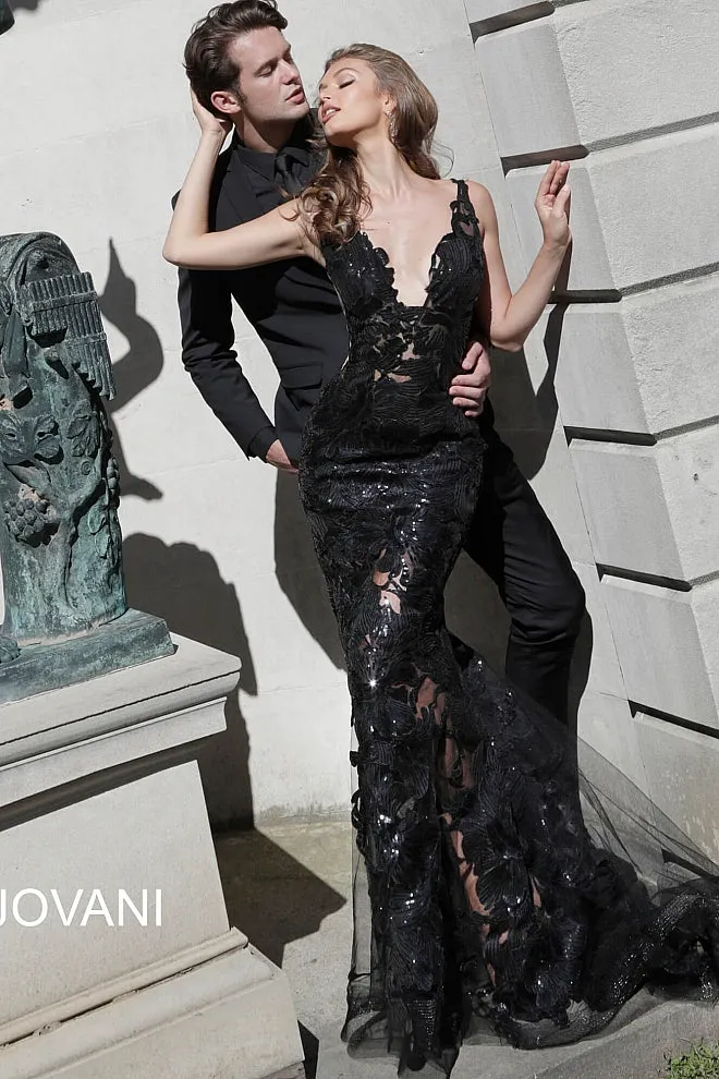 Jovani 60283 Size 10 Turquoise Long Floral Sheer Sequin Formal Evening Prom Dress V Neck Gown
